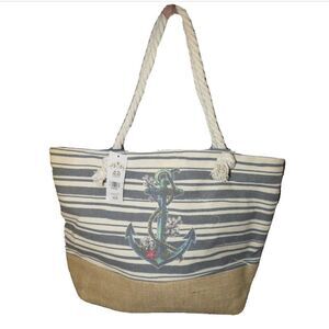 Nautical Anchor Striped Rope Handle Zip Top Large Tote Bag